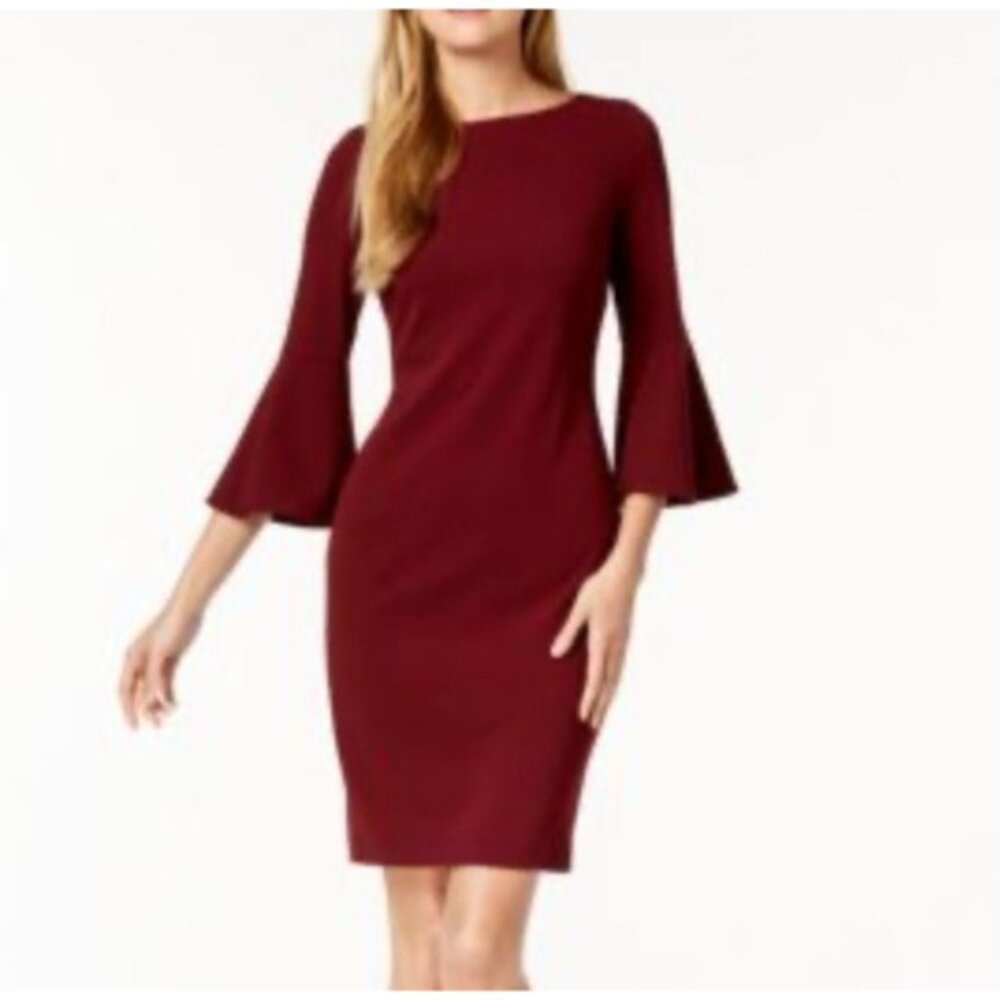 Calvin Klein Scuba Sheath Dress 8 Wine Burgundy Stretch 3/4 Long Sleeve Career